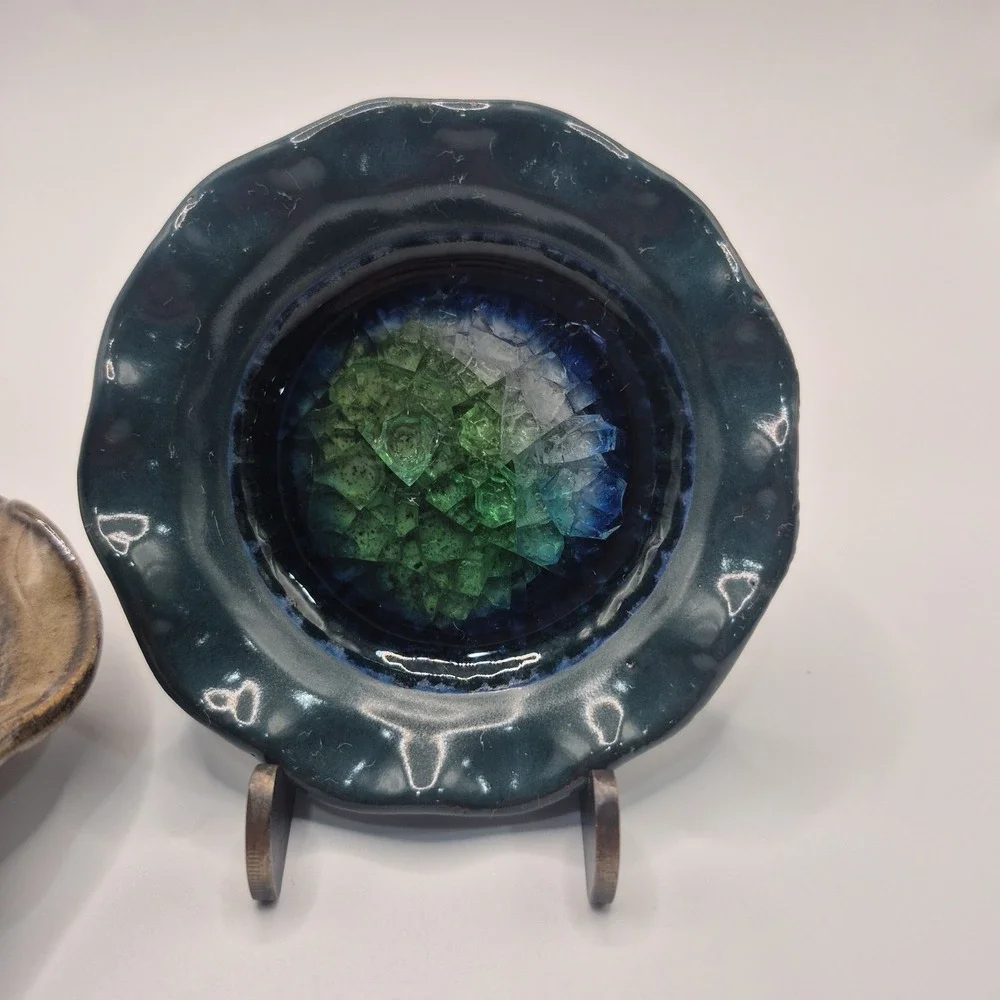 2 Trinket Dish with Cracked Glass Inside Collectable 3.5